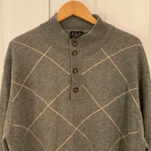 Jos. A. Bank Men’s Grey Argyle Lambs’ Wool Blend Mock Neck Sweater XL - Picture 2 of 9